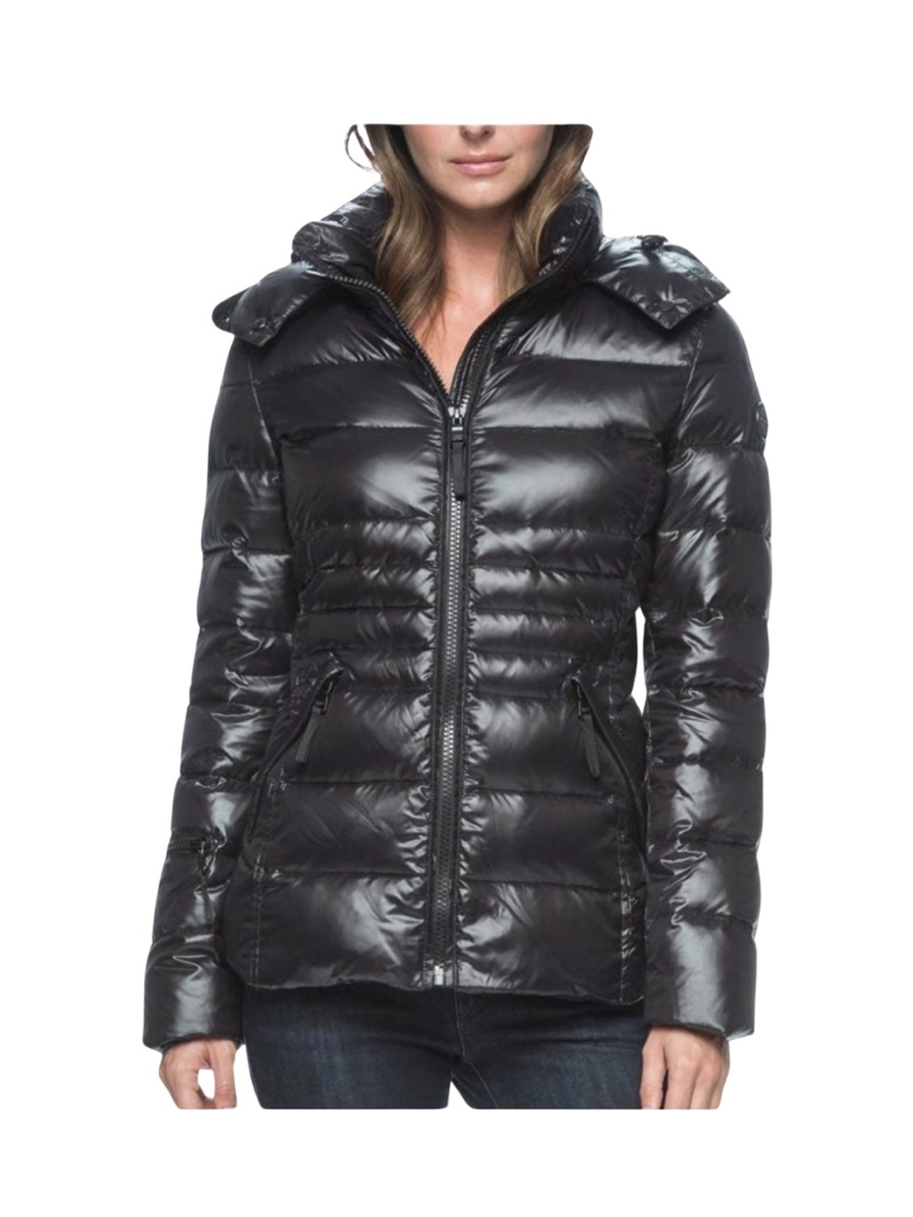 Andrew Marc Shiny Black Down Puffer Jacket with High Collar